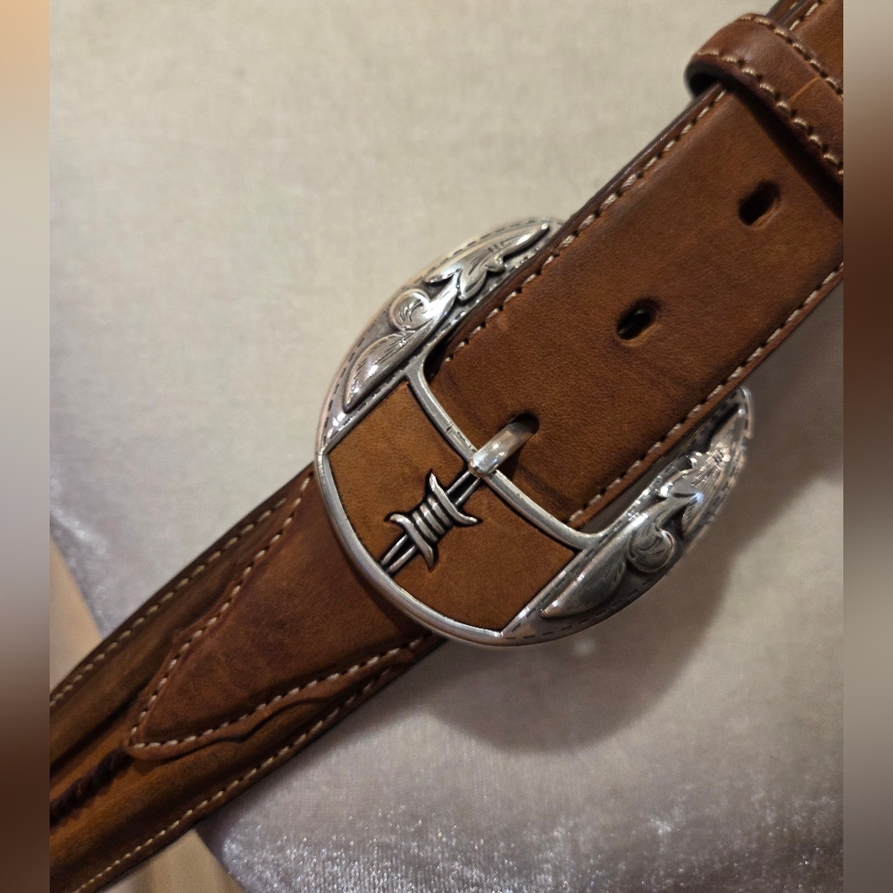 Leather Western Belt with Silver Buckle - Picture 4 of 16
